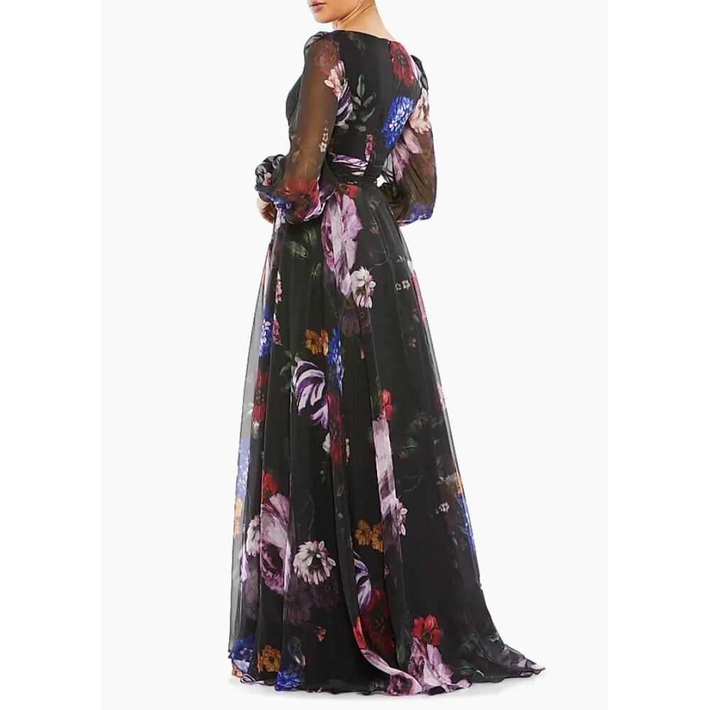 Mac Duggal Long Sleeve Floral Chiffon Gown Black Print 67872 Sz 2 NWT Romantic - Picture 10 of 16